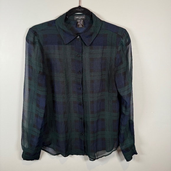 Lord & Taylor Sheer Green & Navy Plaid Long Sleeve Blouse Size Petite S - Picture 2 of 6